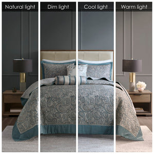 JLA Home Madison Park - 5 Jacquard Bedspread Set Reversible Paisley Teal and Grey with Quilted Texture, Embroidered Pillows 118 L x 102 W x 0.25H MP13-8314
