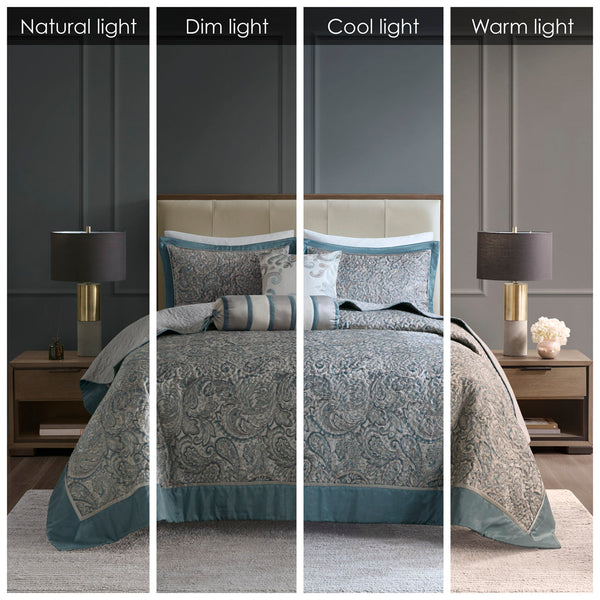 JLA Home Madison Park - 5 Jacquard Bedspread Set Reversible Paisley Teal and Grey with Quilted Texture, Embroidered Pillows 118 L x 102 W x 0.25H MP13-8314