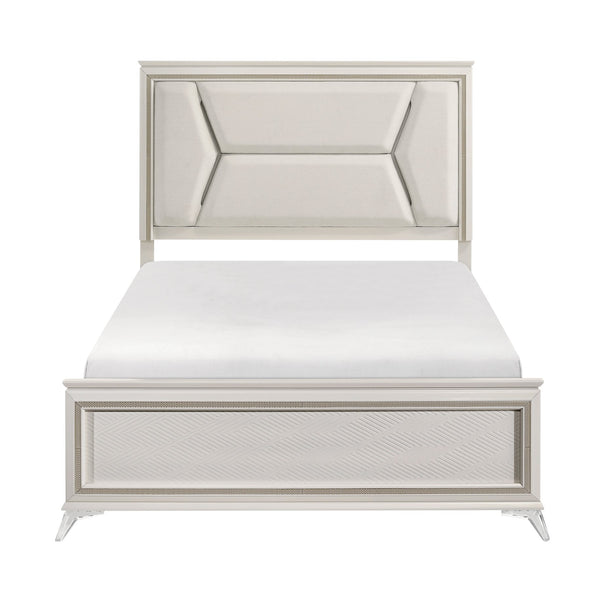 English Elm 1pc Chenille Upholstered Queen Headboard with LED Lighting, Modern Luxury Bed Frame in Antique White Gold Finish B011S01547