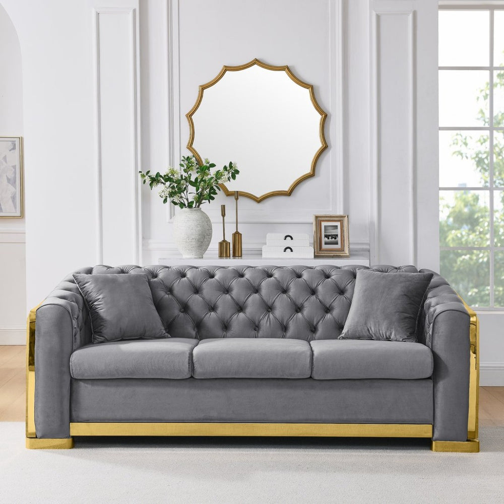 English Elm 81" Tufted Velvet Chesterfield Sofa with Gold Steel Legs for Elegant Living Rooms W1191S00017