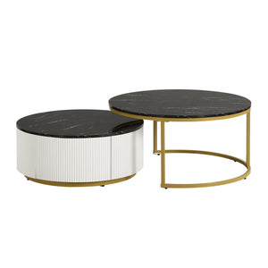 English Elm Modern Round Nesting Coffee Table Set with Fluted MDF Top, Hidden Drawer & Gold Pedestal Bases Enhances Style Golden Black CH325939AAB