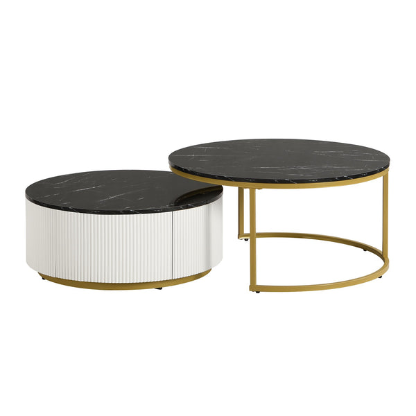 English Elm Modern Round Nesting Coffee Table Fluted with Drawer in Gold Finish — Elegant MDF Top, Space-Saving Design Black N735P254992B