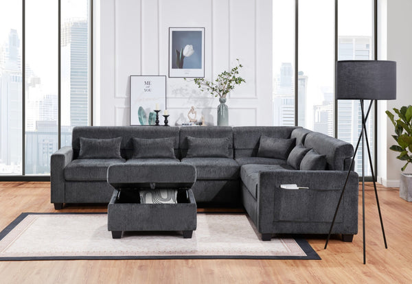 English Elm Trevi Chenille Sectional Sofa with Tufted Seats Charging Ports and Storage Ottoman B2749S00251
