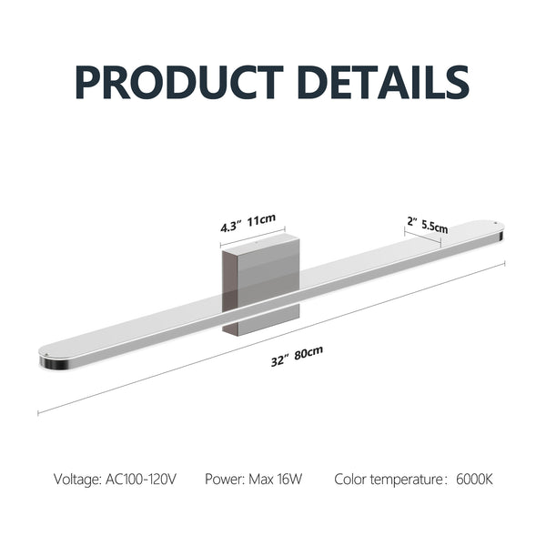 English Elm Modern Led Vanity Lights - 32In 16W Daylight White Chrome Fixtures For Bathroom & Dressing Rooms W2312P374948
