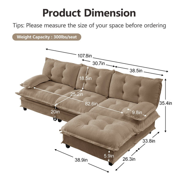 English Elm 107" Modular Cloud Sectional Chenille Deep Seat Couch with Lattice Cushions for Apartments Light Coffee W714S01707