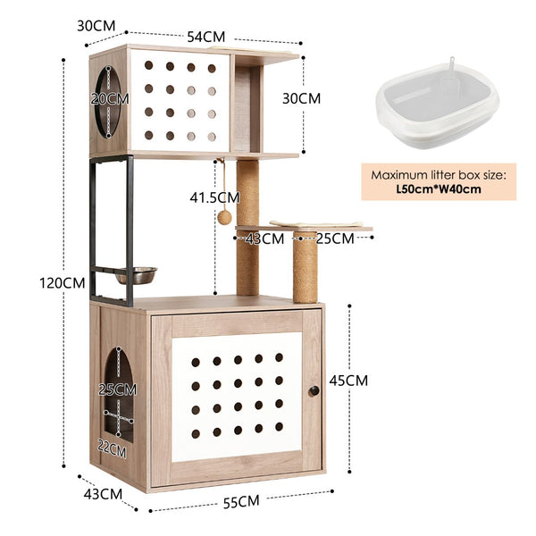 English Elm Cat Tower with Hidden Litter Enclosure Hammock Bed Feeding Station Scratching Posts W1687P304379