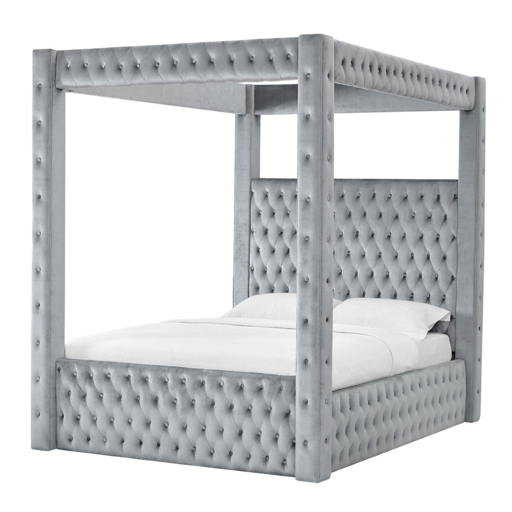 English Elm 1pc Velvet Four Poster Queen Bed Crystal Tufted Upholstered Glam Bedroom Frame Grey B011S02308