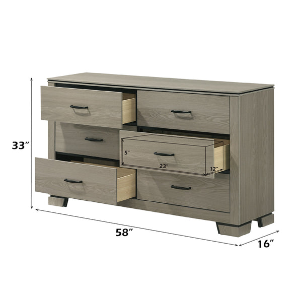 English Elm Modern Weathered Finish Six-Drawer Dresser 58"W x16"D x33"H Poplar Construction Smooth Glides Gray 61 L x 18 W x 33 H B2741P404896