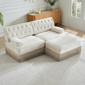 English Elm With Tufted Velvet Sectional Sofa Two Ottomans Tassel Skirt French Chesterfield Living Room Beige W714S01743