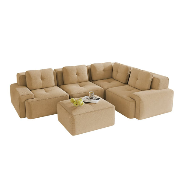 English Elm Modern Corduroy Sectional Sofa Deep Seat V Shape Tufted Couch with Movable Ottoman Camel W714S01588