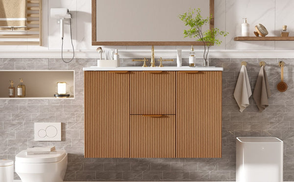 English Elm [video]36 Inch Floating Bathroom Vanity with Ceramic Sink Mdf Cabinet Soft Close N729P417256N
