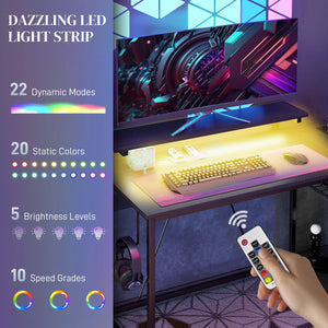 English Elm HOMCOM LED L-Shaped Desk with USB & Power Outlets, Monitor Stand, Shelves, Remote Lighting Ambience Black W2225P217261