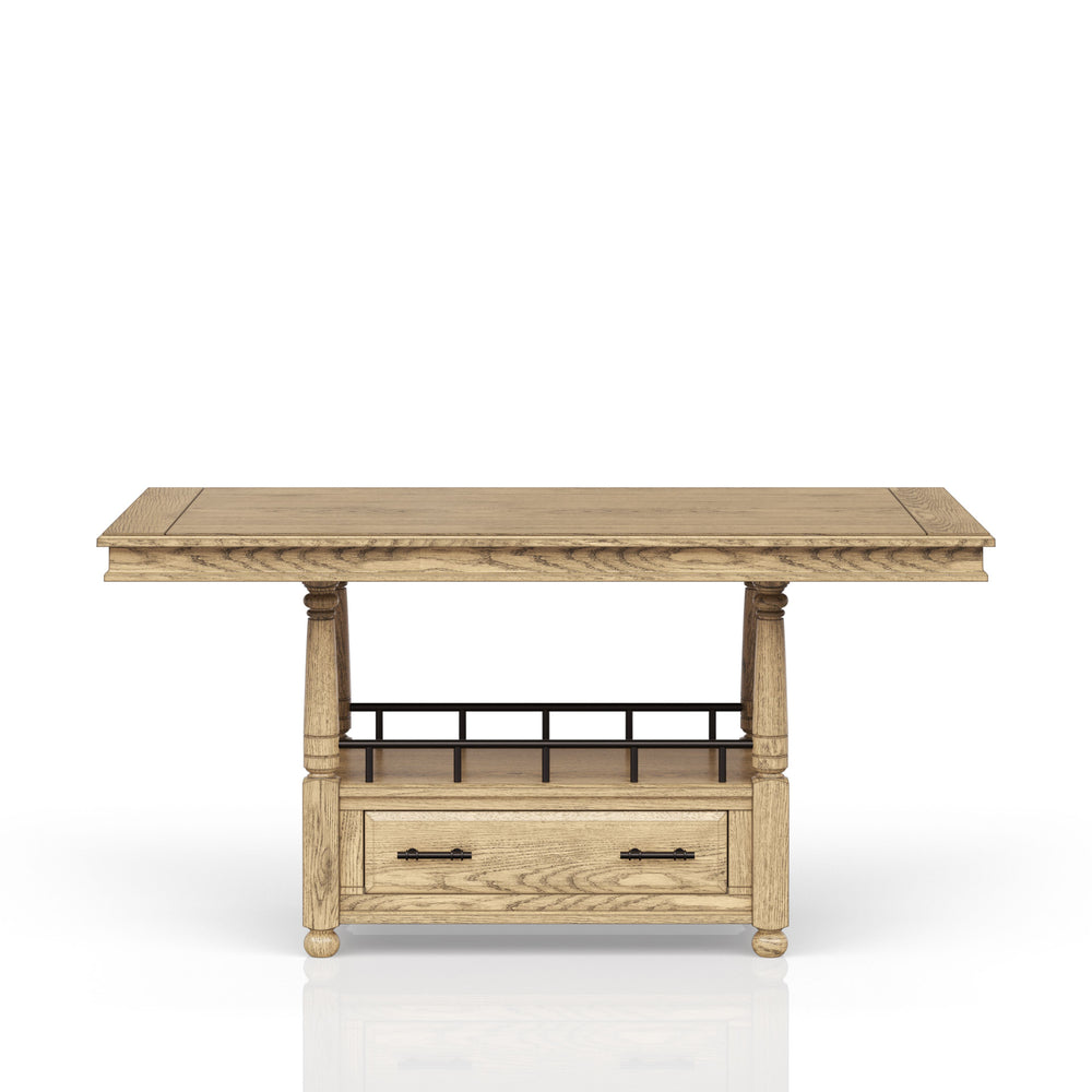 English Elm Counter Elm Veneer Table with Turned Legs and Drawer, Warm Finish, Open Shelf & Metal Rail Caramel 42.25 L x 25 W x 14.5 H B2699S00084