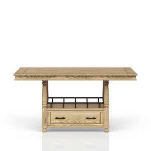 English Elm Counter Elm Veneer Table with Turned Legs and Drawer, Warm Finish, Open Shelf & Metal Rail Caramel 42.25 L x 25 W x 14.5 H B2699S00084