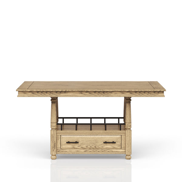 English Elm Counter Elm Veneer Table with Turned Legs and Drawer, Warm Finish, Open Shelf & Metal Rail Caramel 42.25 L x 25 W x 14.5 H B2699S00084
