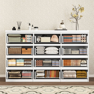 English Elm 12 Drawer Wide Double Dresser Modern Symmetrical Wood Storage Chest for Bedroom W409S00018