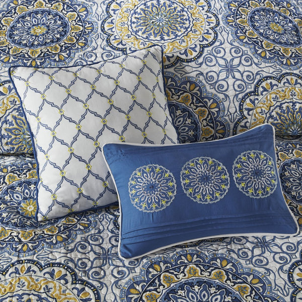 English Elm 6 Piece Tangiers Reversible Quilt Set King/Cal King Blue Yellow Floral Medallion Embroidered Pillows B03597624