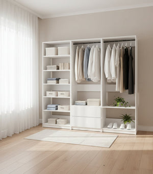 English Elm Prosper White Freestanding Walk-In Wood Closet System — Modular Oak Finish, Durable Melamine, Easy Assembly B040S00146