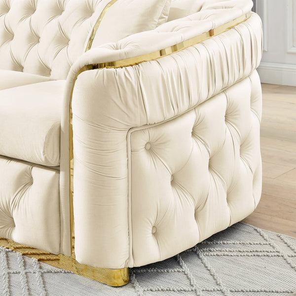 English Elm 2pcs Italian Velvet Chesterfield Sofa Set Tufted Three Seater with Gold Steel Legs Beige W1191S00044