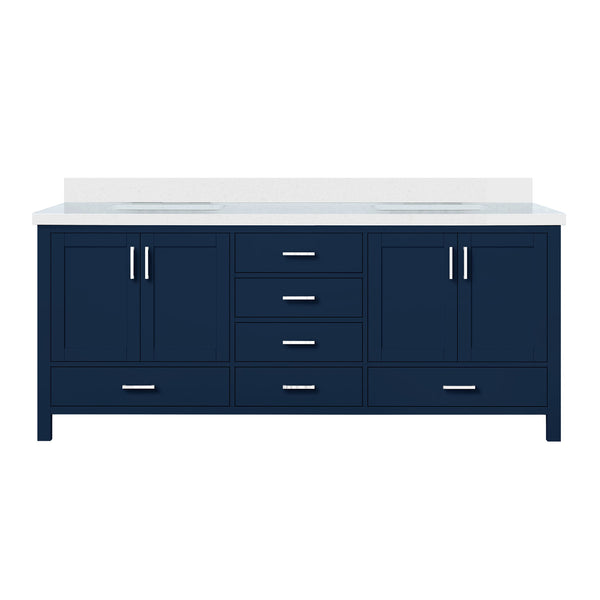 English Elm Navy Blue Double Bath Vanity With White Quartz Top – Stylish 80" W Design For Ultimate Storage & Elegance B2731P258960