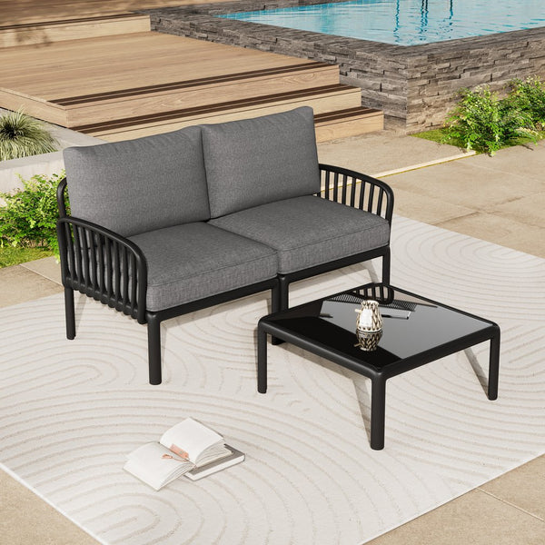 English Elm Christopher Knight Home® - 3 Piece Patio Conversation Set with Deep Seating Loveseat and Square Glass Coffee Table, Waterproof Cushions, Modern Outdoor Patio Furniture for Porch and Balcony (Seats 2, Heavy-Duty 400lb Capacity) Black+ Gray N780P199459B
