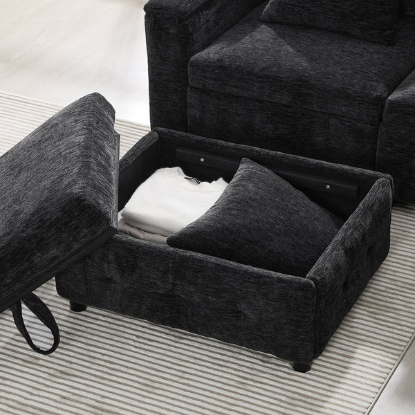 English Elm 117*90'' Modular Sectional Sofa Bed with Flip-Up Table, Reading Lamps, Charging Ports, Ottoman Storage, Tufted Chenille Elegance Black N723S9798B