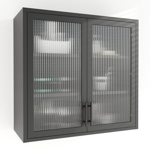 English Elm Retro Wall-Mounted Cabinet with Hazy Tempered Glass Doors, 2 Adjustable Shelves, Steel Black Finish W2378P176274
