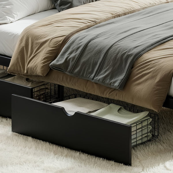 English Elm Queen Storage Platform Bed Low Profile Metal Frame with Built-in Drawers for Small Spaces Black W5305P471352