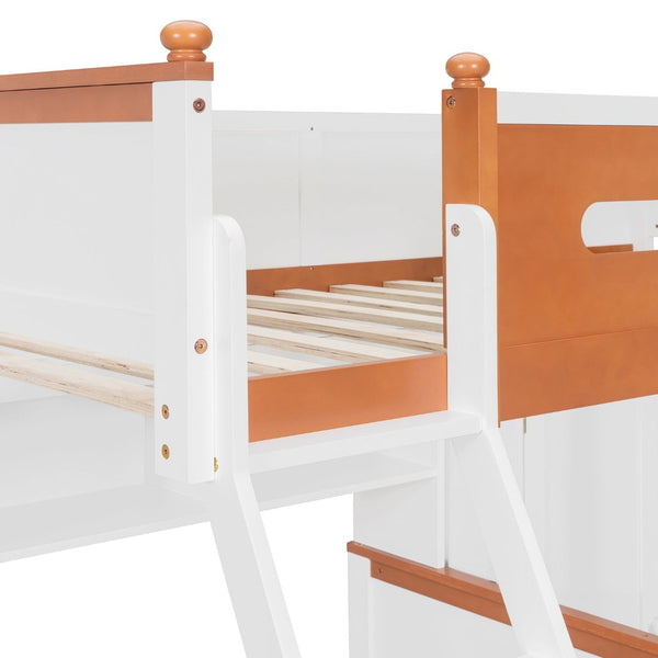 English Elm Twin Over Full Wooden Bunk Bed With Stylish Storage, Led Light, Drawers, And Wardrobe In White & Orange N820S00063K-GIGA