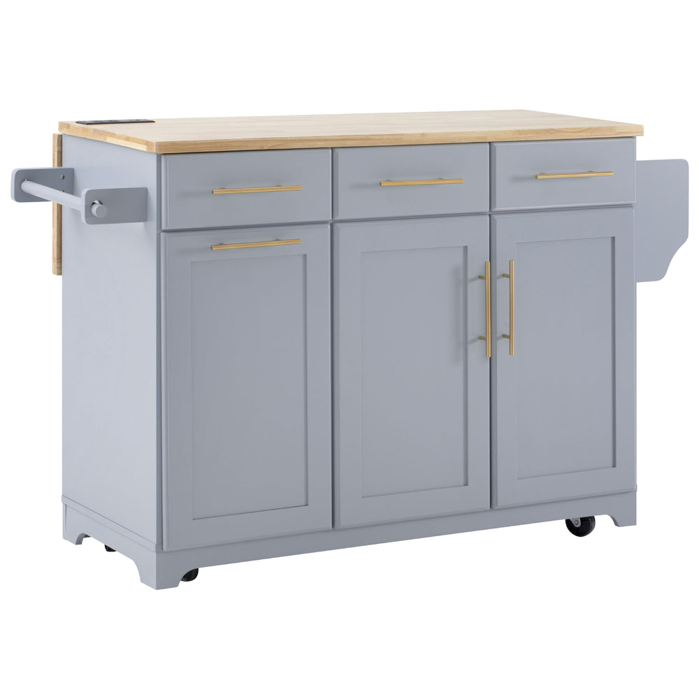 English Elm K&K Vintage Kitchen Island with Rubberwood Top, Hidden Wheels, Pull-Out Trash & Charging Station Grey+Blue N707P299014G