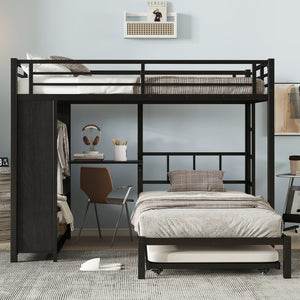 English Elm Full Over Twin Bunk Bed With Integrated Wardrobe, Trundle, Foldable Desk & Noise-Reduced Design In Black W1580S00136