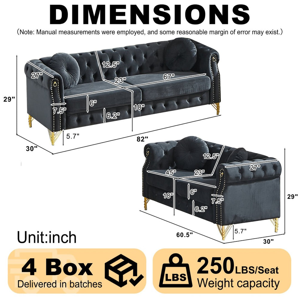 English Elm Velvet Chesterfield Tufted Sofa with Copper Stud Trim and Gold Legs for Glam Living Black W834S00628
