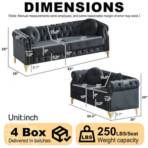 English Elm Velvet Chesterfield Tufted Sofa with Copper Stud Trim and Gold Legs for Glam Living Black W834S00628