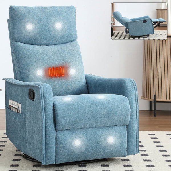 English Elm Heat Massage Rocker Recliner with Swivel Base and Vibrating Nodes for Living Room Blue W1803P251883