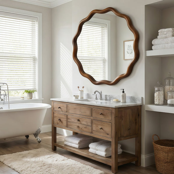 English Elm Black Walnut Solid Wood Wavy Round Mirror Sculptural Bohemian Wall Accent 30 Inch W2203P455238