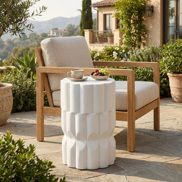 English Elm 13 Inch Handmade Mgo Geometric Side Table Sculptural Matte Accent for Indoor Outdoor White N772P390780W