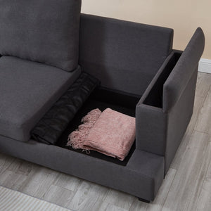 English Elm 86" Linen Sectional Sofa with Storage Ottoman Reversible Chaise for Small Spaces Dark Gray W1669S00038