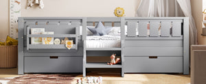 English Elm Twin Kids Storage Bed with Bookshelf Headboard Safety Staircase and Under Drawers Gray W1580P379185