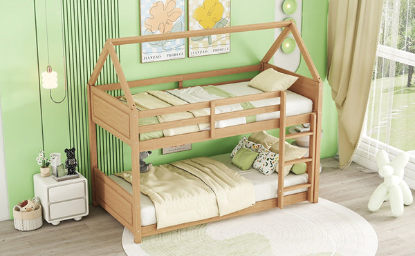 English Elm Twin House Floor Bunk Bed With Guardrails & Ladder - Solid Rubberwood, White Oak Finish, Ideal For Kids W504P227942-GIGA