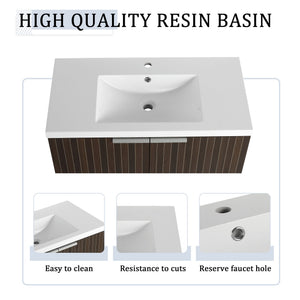 English Elm 36 Inch Silver-Brown Stripe Wall-Mounted Vanity with Resin Sink, Soft-Close Doors & Spacious Storage W999P204953