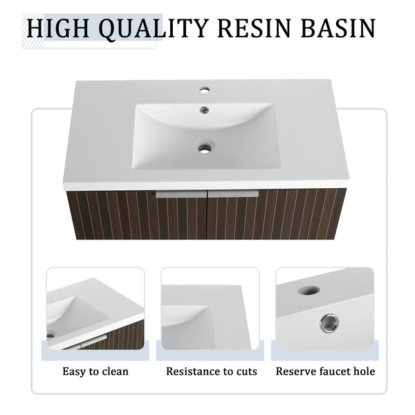 English Elm 36 Inch Silver-Brown Stripe Wall-Mounted Vanity with Resin Sink, Soft-Close Doors & Spacious Storage W999P204953