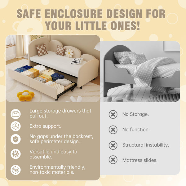 English Elm Twin Flower Shape Velvet Daybed with Storage Drawer, Modern Kids Sofa Bed Frame for Bedroom Beige W395S00115