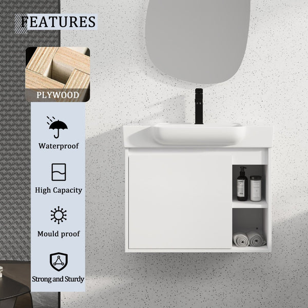 English Elm 28'' Floating Bathroom Vanity with Ceramic Sink Soft Close Door Melamine Cabinet Glossy White W999P426642