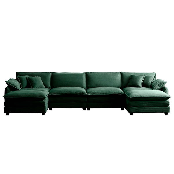 English Elm Over oversized U Shape Corduroy Sofa with Memory Foam Comfort, Modern Retro 4-Seater + Ottomans, Plush Upholstery Green W714S00742