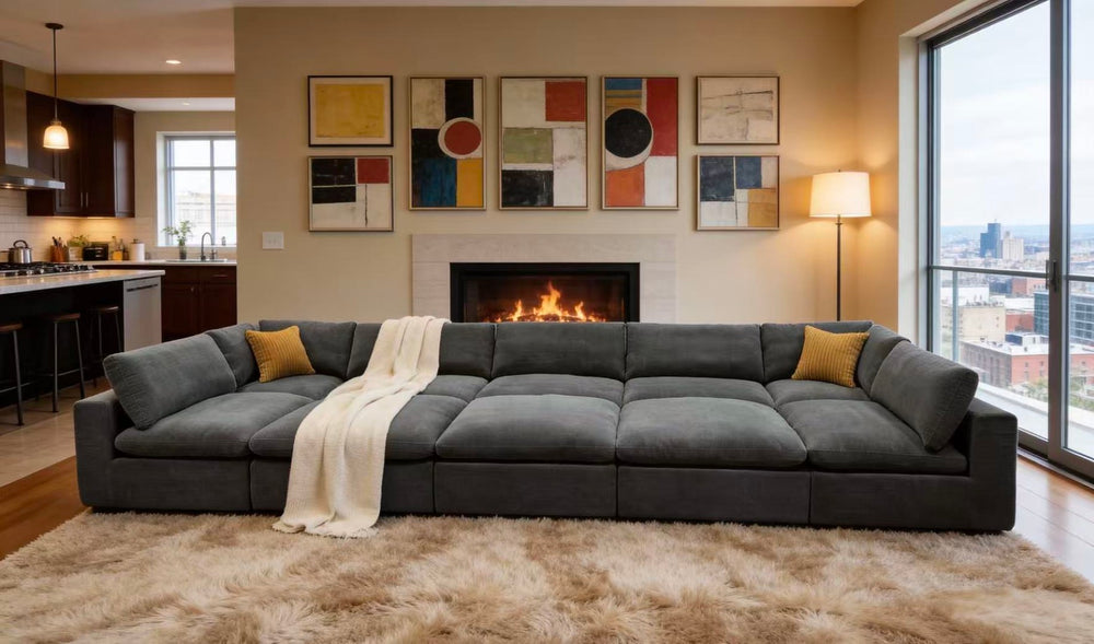 English Elm Coffee Bean Textured Modular Sectional Sofa with Toss Pillows for Modern Living Rooms Light Gray B2748S00076