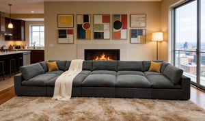 English Elm Coffee Bean Textured Modular Sectional Sofa with Toss Pillows for Modern Living Rooms Light Gray B2748S00076