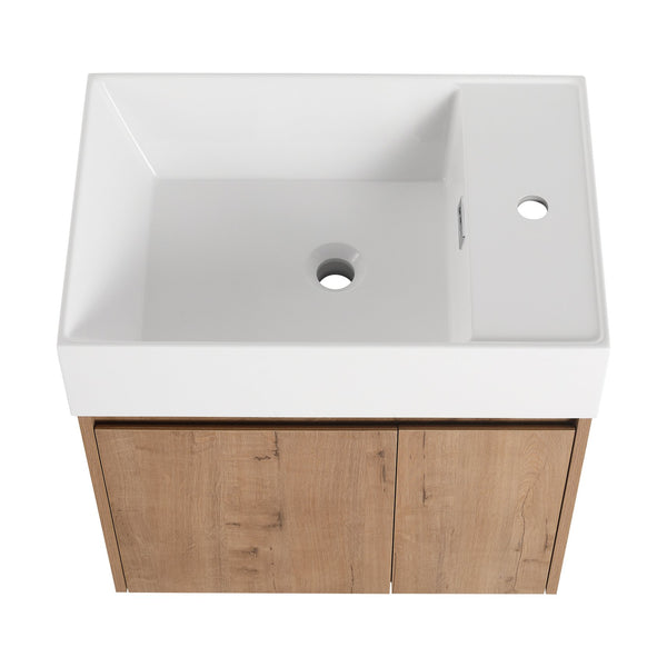 English Elm 24 Inch Bathroom Cabinet Resin Sink Vanity with Soft-Close Doors, Beveled Handle, Water-Resistant Finish Imitative Oak W999P228748