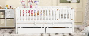 English Elm Full Size Pinewood Kids Daybed with Fence Rails Split Floor Bed and Storage Drawers White LP100882AAK