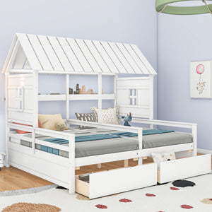 English Elm Twin House Platform Bed with Pitched Roof and Two Under-Drawers for Shared Kids’ Rooms, Durable Pine White GX000452AAK