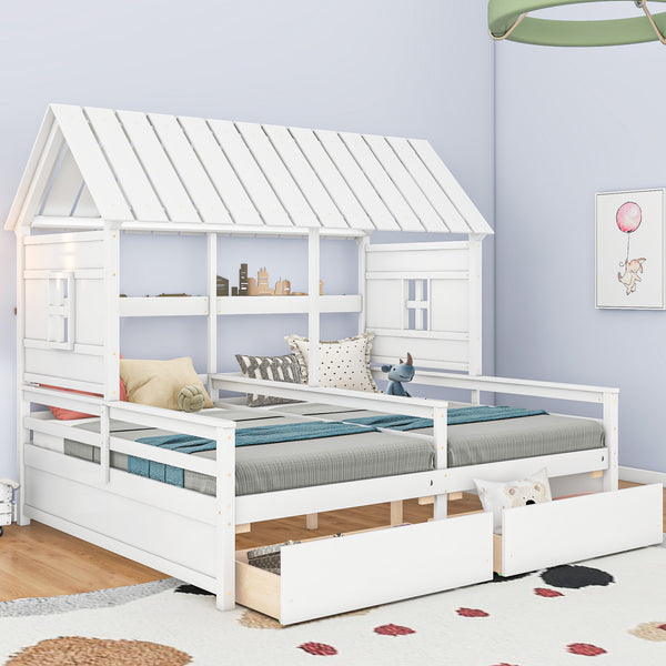 English Elm Twin House Platform Bed with Pitched Roof and Two Under-Drawers for Shared Kids’ Rooms, Durable Pine White GX000452AAK